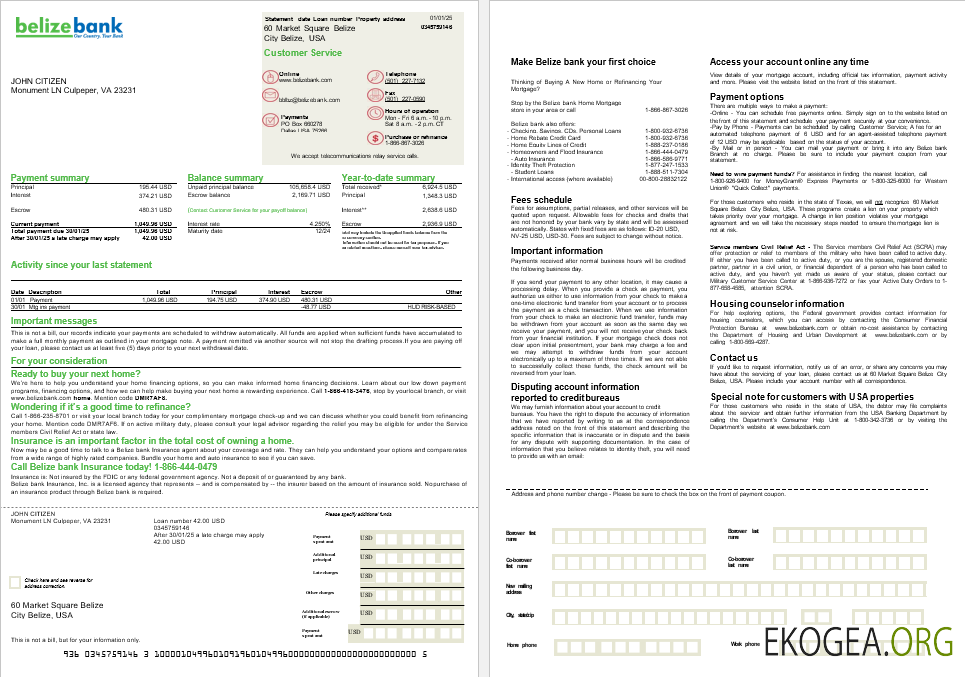 Relevé hypothécaire de la USA Belize Bank aux formats Word et PDF, 2 pages